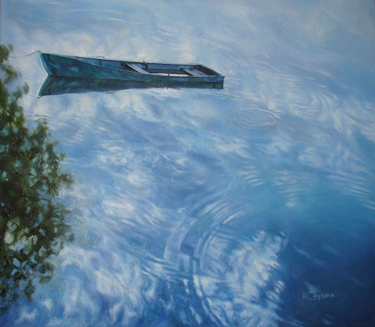 Impressionistic Landscape Oil Painting By Natalia Sidorina, 31 X 28", Boat, Original Artwork