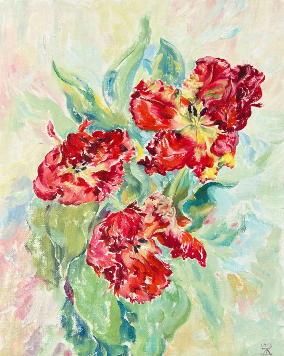 Impressionistic Botanical Oil Painting By Daria Galinski, 7 X 9, Red Tulips, Original Artwork