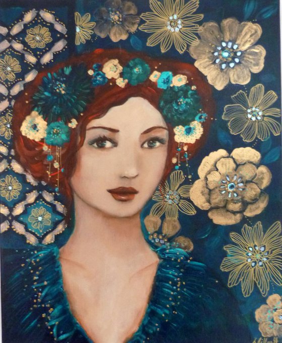 The precious blue woman portrait in an Art deco style.