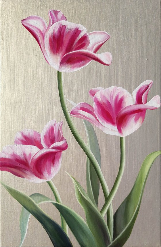 "Tulips", small floral painting, flowers art on pearl background