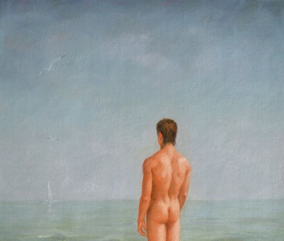 Original Oil painting art male nude boy on linen  #16-10-8