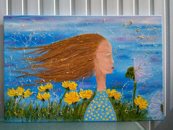 Dandelion Painting Portrait Original Art Female Portrait Painting Girl Portrait Oil Canvas Artwork Ready to Hang Home Wall Art 24 by 16" by Halyna Kirichenko