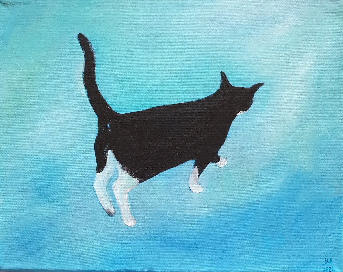 Illustrative Animal Oil Painting By Ksenia June, 12 X 9", Farewell Until Then Black White Cat Portrait, Original Artwork