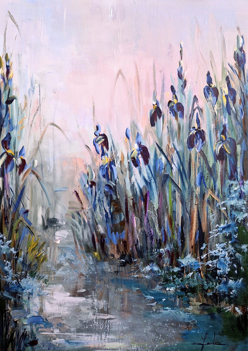 Impressionistic Botanical Acrylic Painting By Irina Laube, 20 X 28, Blue Irises At Dawn, Original Artwork