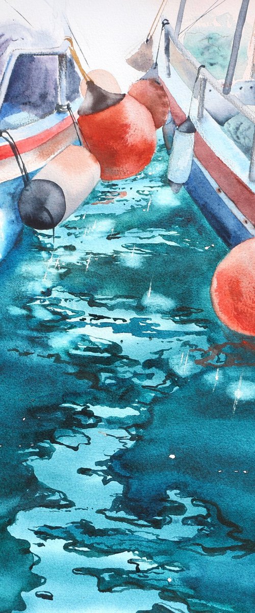 Reflections, boats and the sea. Original watercolor artwork. by Evgeniya Mokeeva