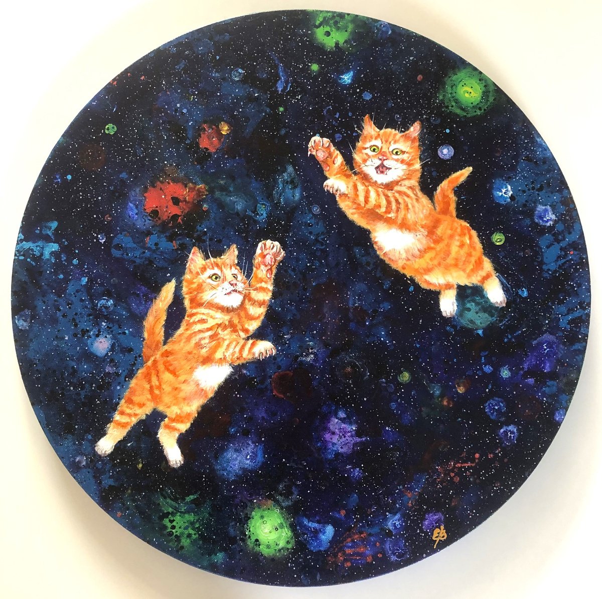 Impressionistic Animal Acrylic Painting By Lena Smirnova, 20 X 20", Ginger Kittens In Space #2, Original Artwork