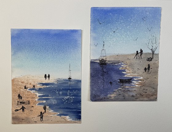 Diptych Sketch Beach Seagulls