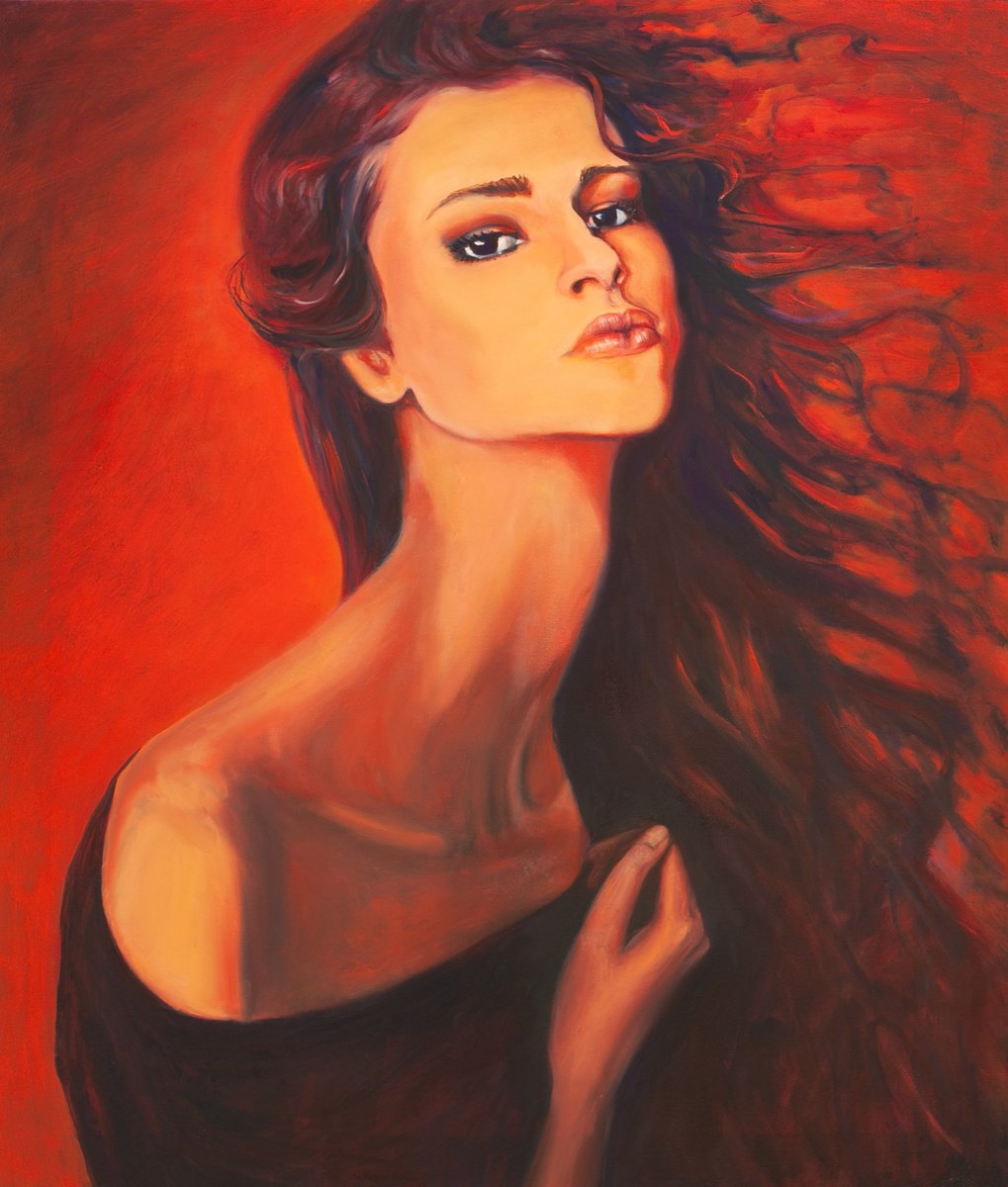 Expressive Portrait Oil Painting By Liudmila Pisliakova, 24 X 28", Red And Black, Original Artwork