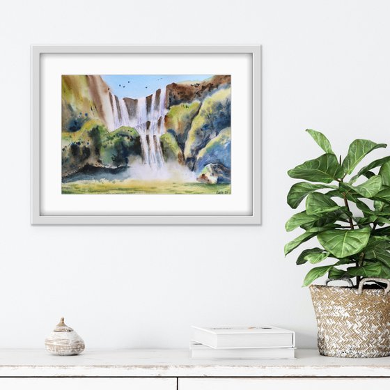 Waterfall. Summer landscape. Watercolor artwork.