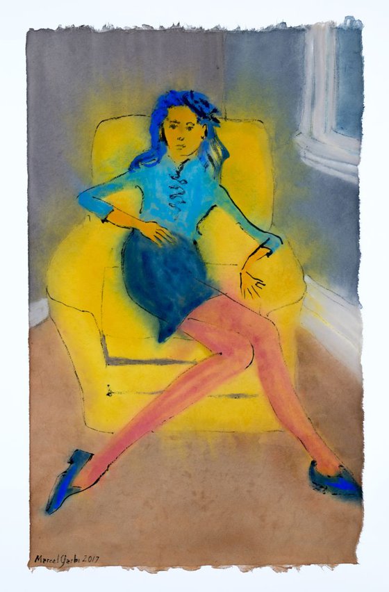Girl sitting on a sofa thinking of being non-local
