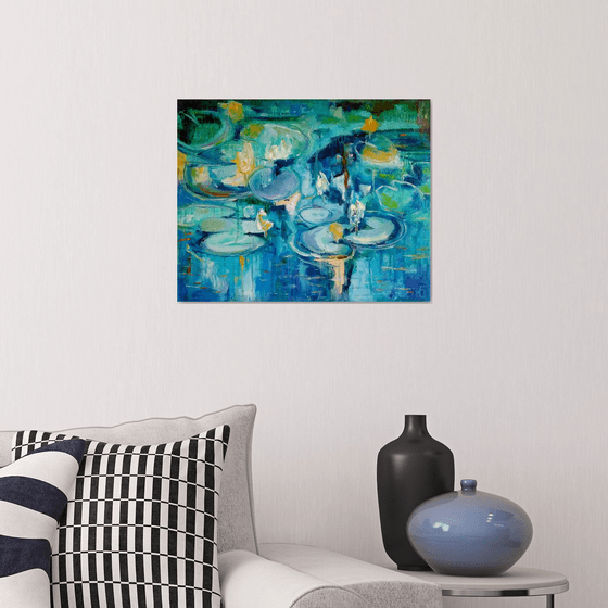 Pond Painting Water Lily Original Art Lotus Pond Landscape Artwork Floral Wall Art, 50x40 cm, ready to hang.