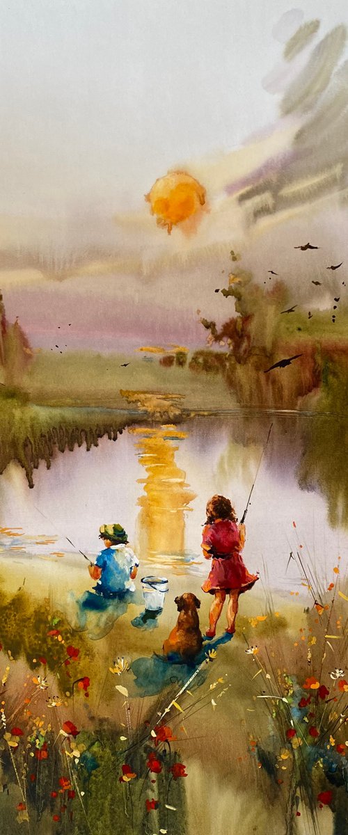 Sold Watercolor "Little fishermen", perfect gift by Iulia Carchelan
