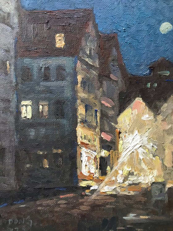 Original Oil Painting Wall Art Signed unframed Hand Made Jixiang Dong Canvas 25cm × 20cm Cityscape One Night in Tübingen Small Impressionism Impasto