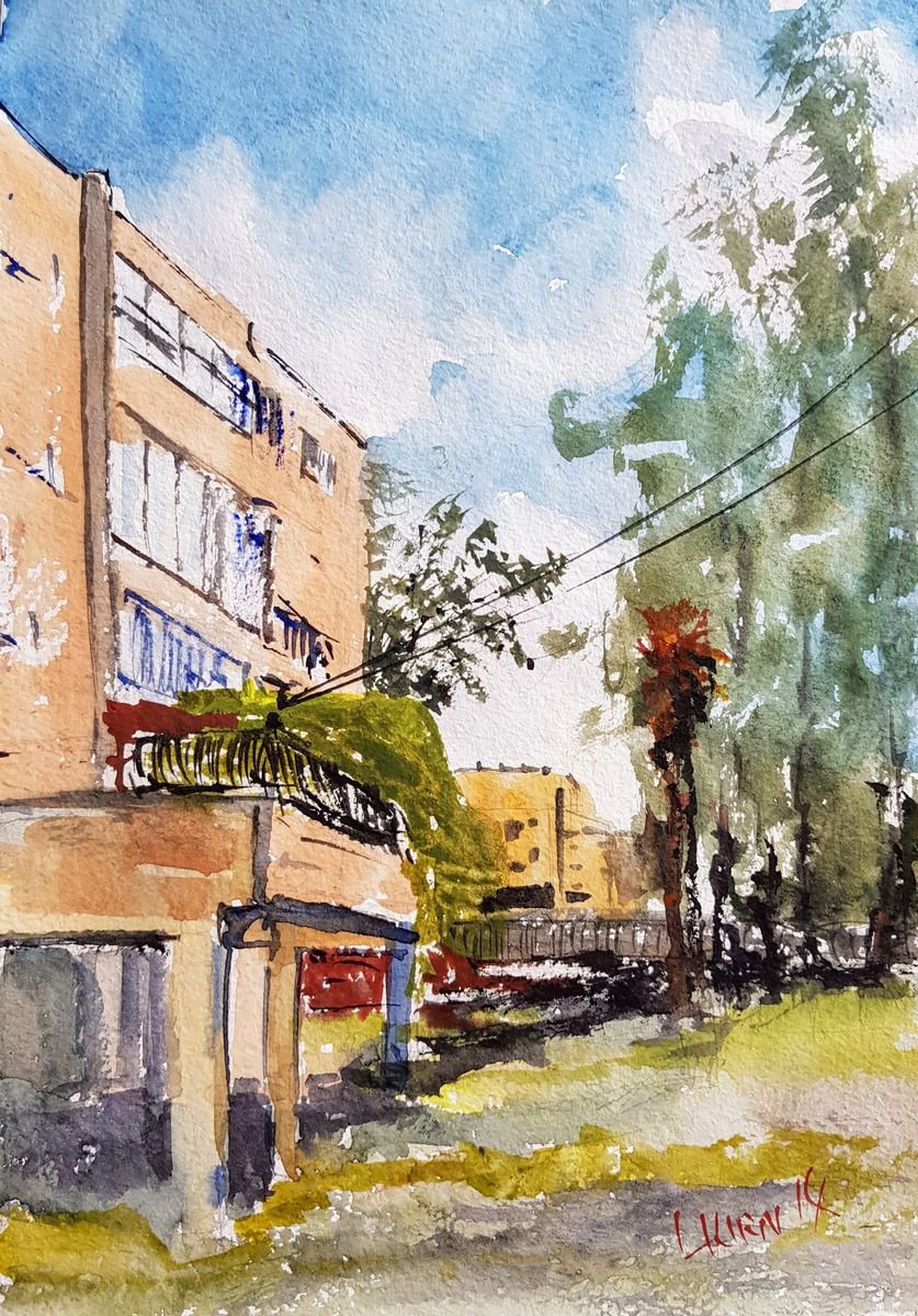 Impressionistic Cityscapes Watercolour By Leonid Kirnus, 8 X 12", Old Yard 2, Original Artwork