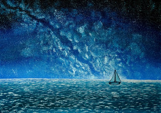 Night starry seascape with a sailboat