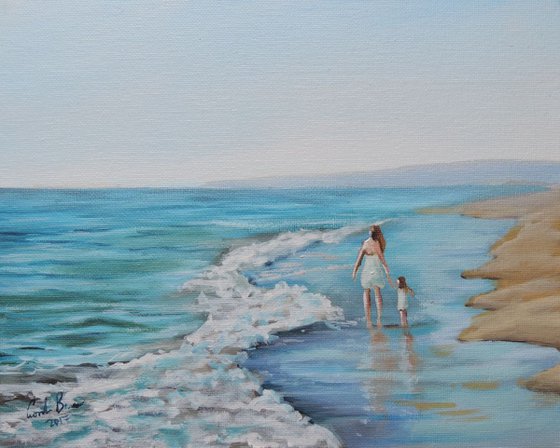 Beach scene Mother and Daughter oil painting