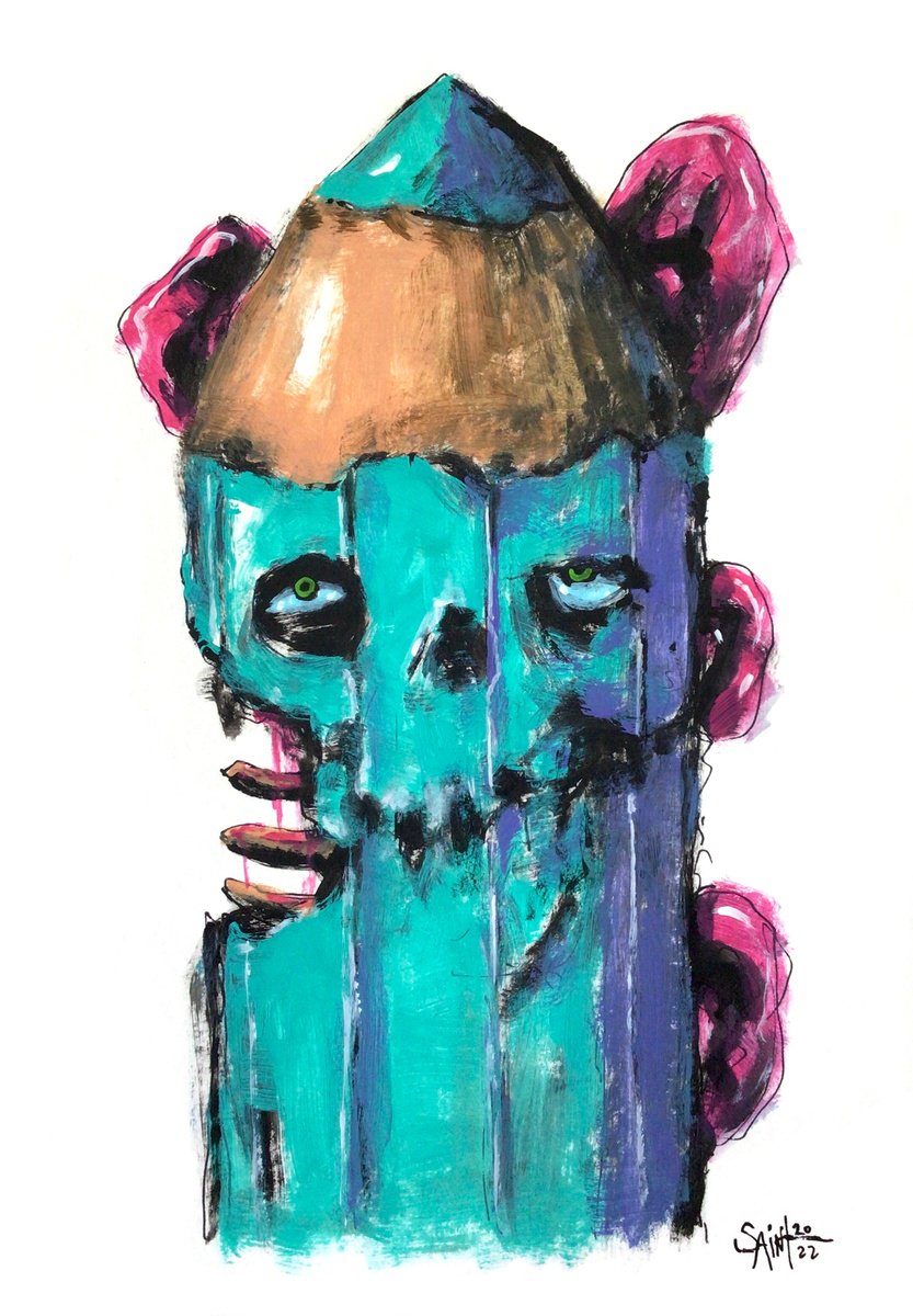 #100 Pencil Zombie portrait painting original art, Horror Naive Outsider Folk Art Brut Str... by Ruslan Aksenov