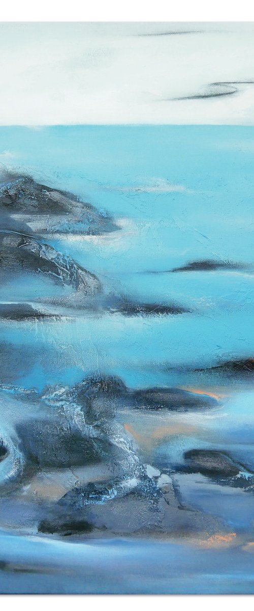 A large impressionistic work "Water flowing between the rocks" by Olesia Grygoruk