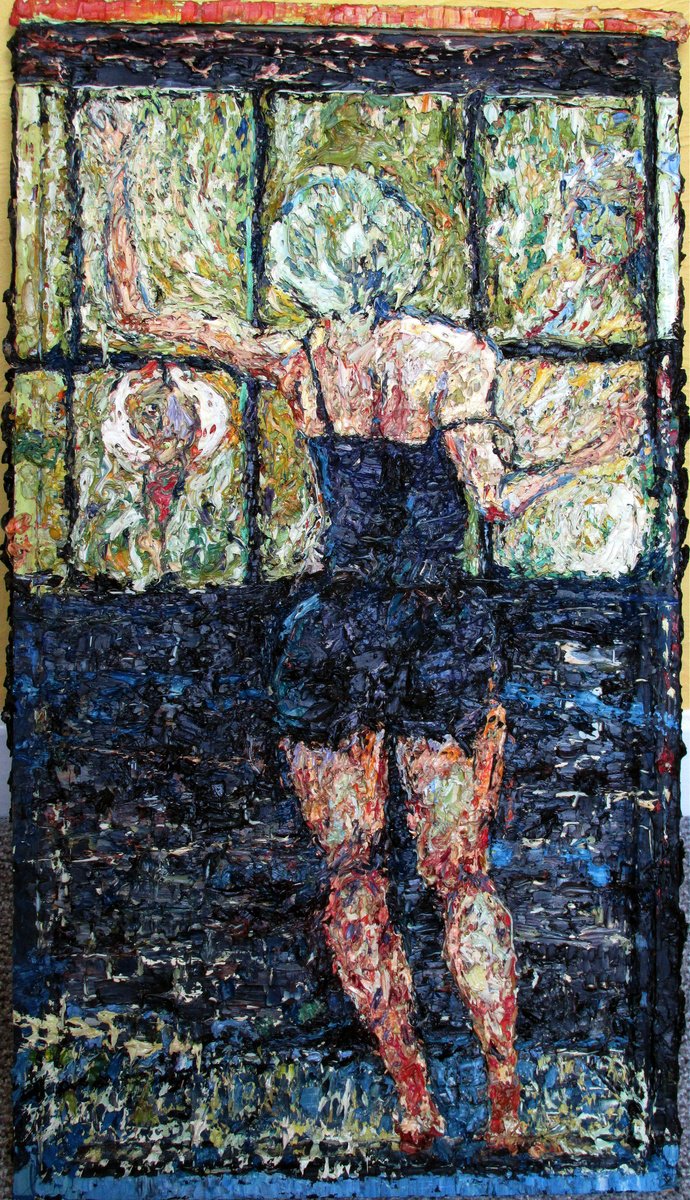 Expressive Portrait Oil Painting By Richard Meyer, 14 X 25", Figure At A Window, Original Artwork