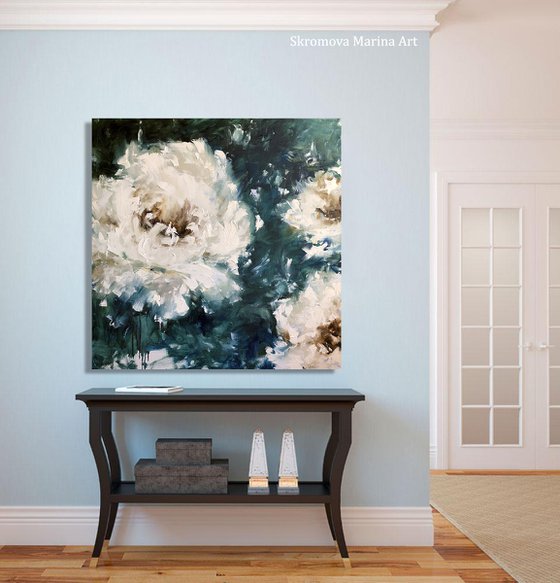 WHITE PEONIES - Abstract peonies. Flowers 3d. White flowers. Thin petals. Malachite. Bright colors.