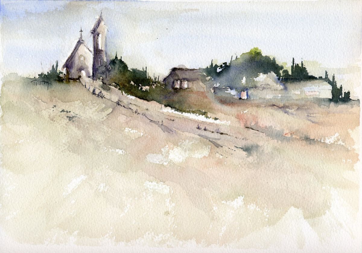 Impressionistic Landscape Watercolour By Alex Tolstoy, 11 X 7, Church On The Road, Original Artwork