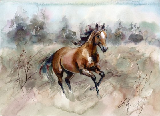 Running bay horse