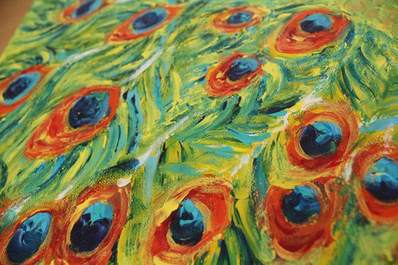 Dream (On the Edge Series)-Peacock Finger Painting, Impressionistic Painting, Bird Art