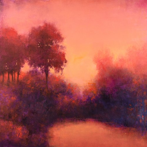 Pink Sunset 221009, sunset landscape with water & trees by Don Bishop