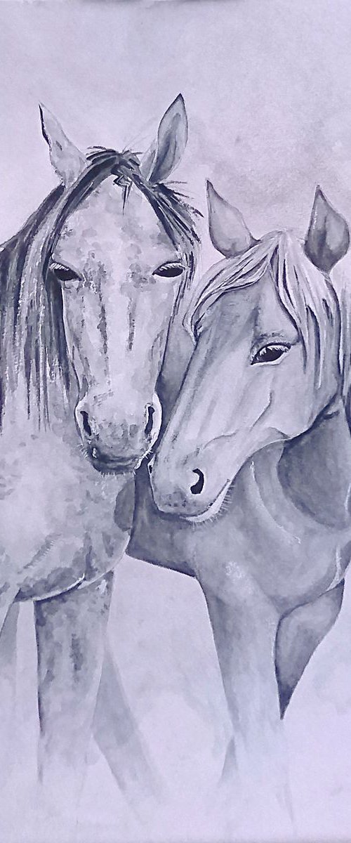 Horses. Monochrome watercolor painting. by Svetlana Vorobyeva