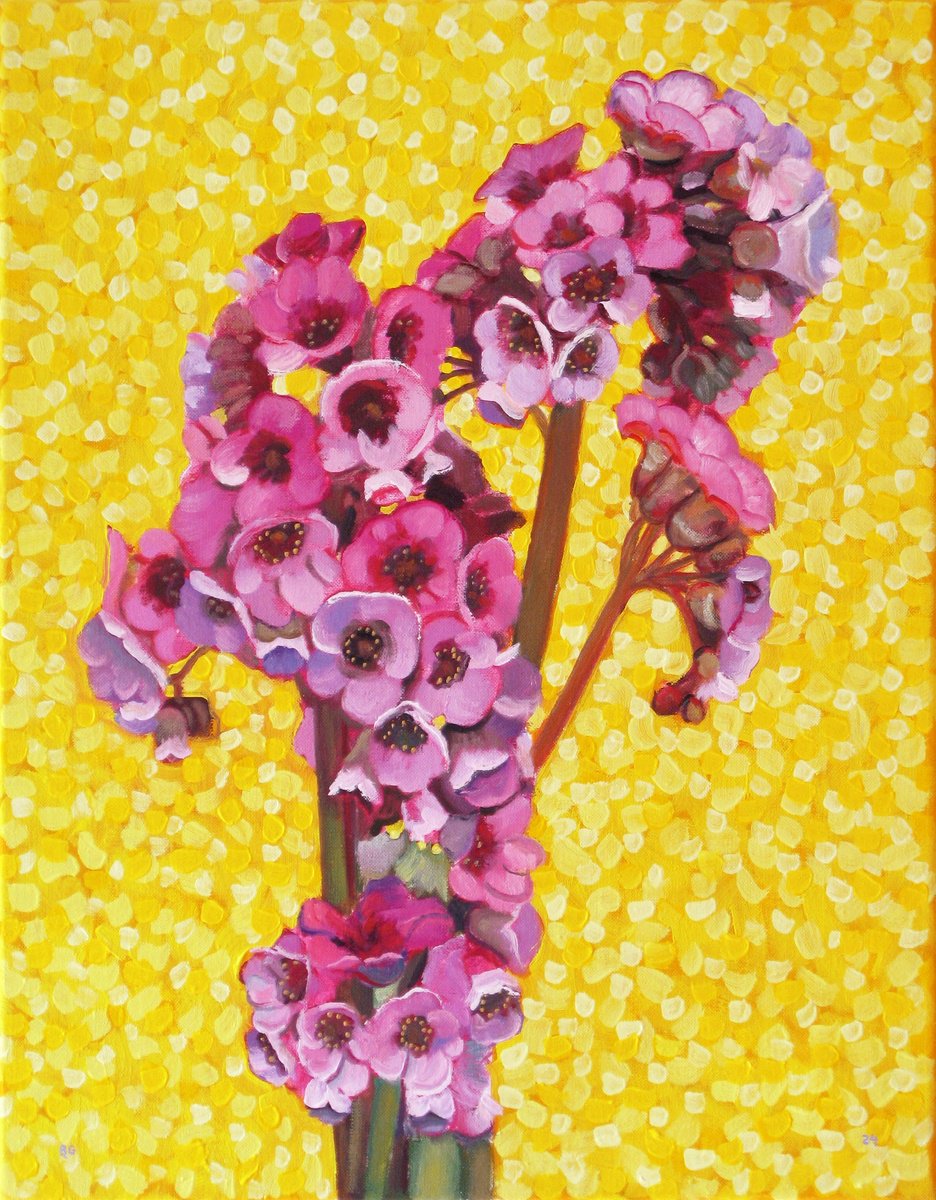 Botanical Oil Painting By Richard Gibson, 14 X 18", Sprays Of Bergenia Flowers, Original Artwork