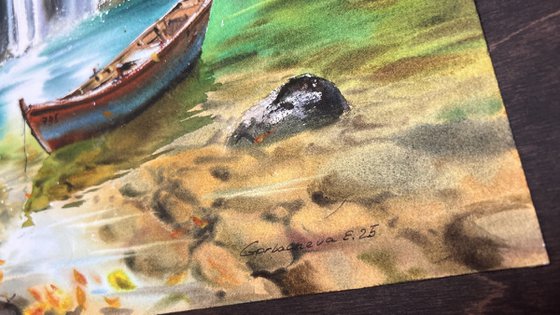 Boat Beneath Autumn’s Cascade