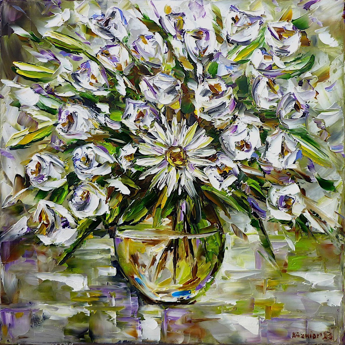 Expressive Botanical Oil Painting By Mirek Kuzniar, 16 X 16", Purity, Original Artwork
