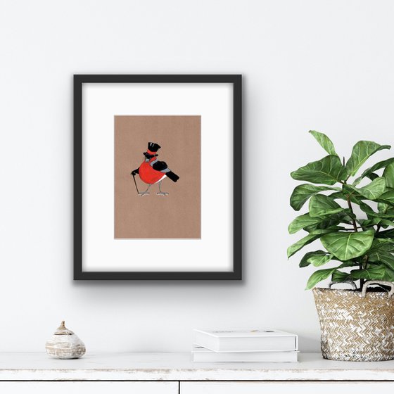 Bird portrait of a bullfinch in a gentleman's outfit - Gift idea for bird lover.