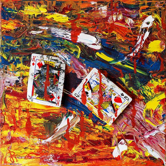 Original Colorful Abstract Painting with Playing Cards.