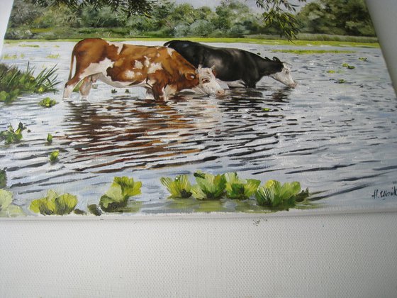 Cow Watering Painting Farm Art