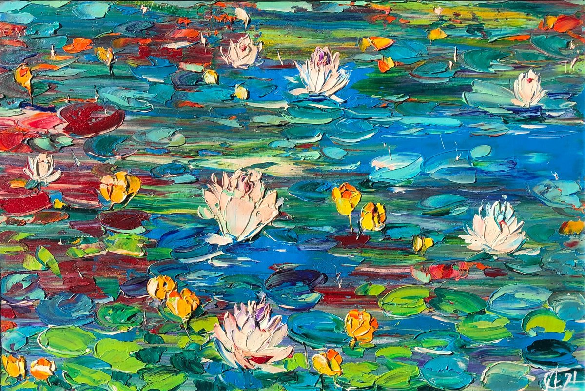Abstract Botanical Oil Painting By Svitlana Andriichenko, 25 X 17", Water Lilies In Anticipation, Original Artwork
