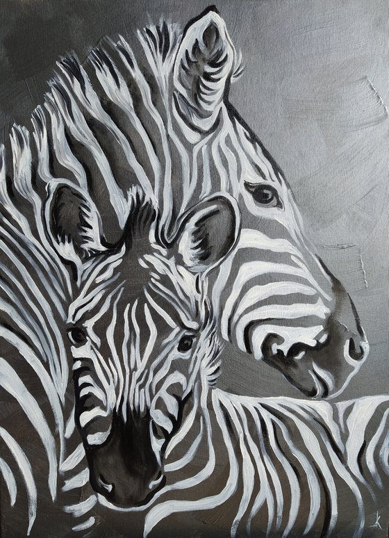 Life lines - black and white, zebras, mother's love, zebras oil painting, mom and baby, baby oil painting, childhood, mom's love