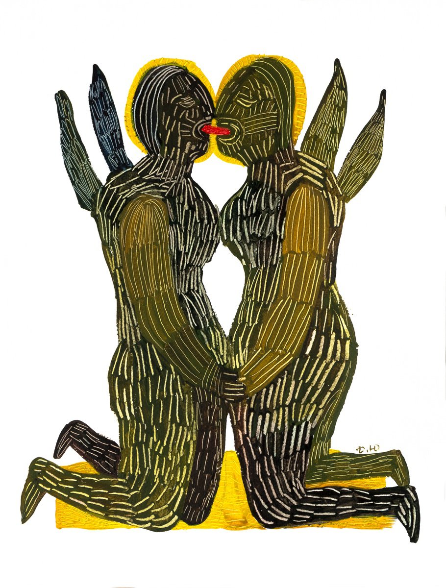 Naive Portrait Watercolour By Yuliia Dunaieva, 12 X 16", Kiss, Original Artwork