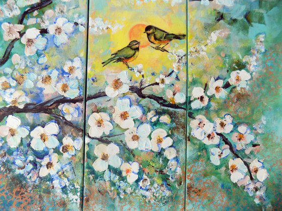 Singing of Spring - three pieces canvas, triptych, painting