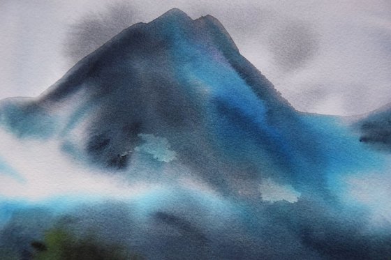 Norway mountain landscape watercolor painting, hygge home decor
