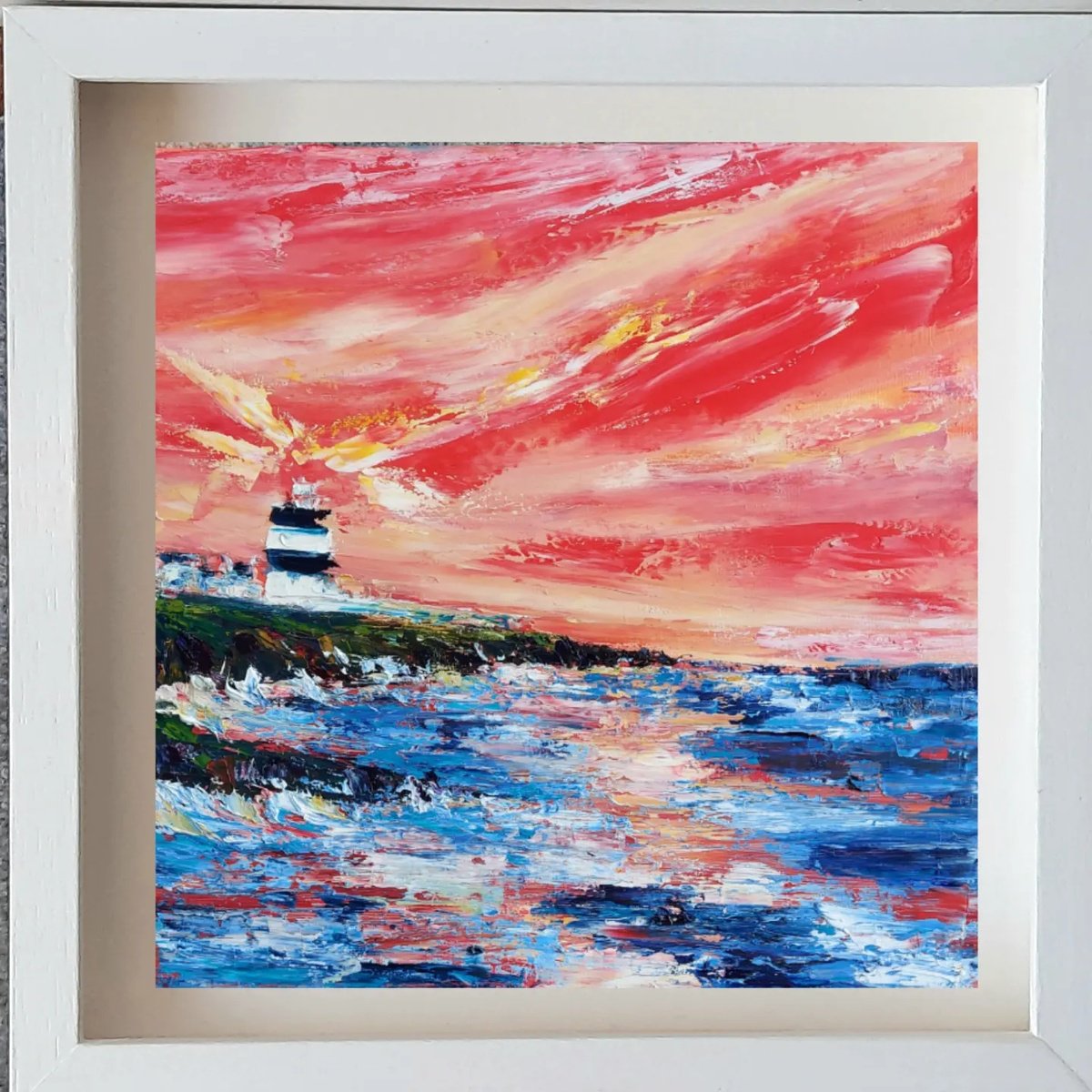 Expressive Landscape Oil Painting By Niki Purcell, 20 X 20", Red Sky Delight Over Hook Head Lighthouse, Wexford, Artfinder