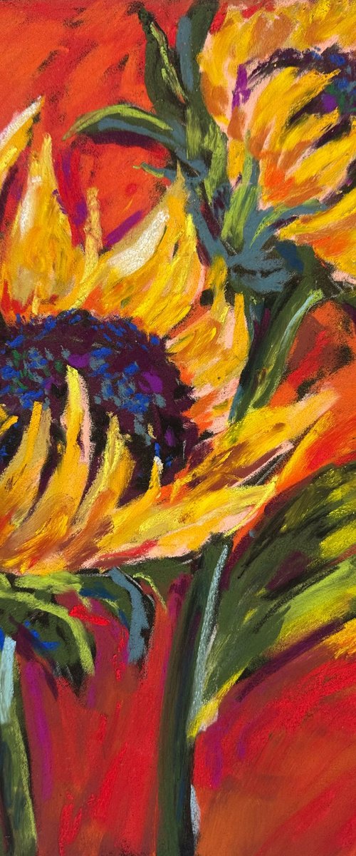Sunflowers on a red background by Oksana Fedorova