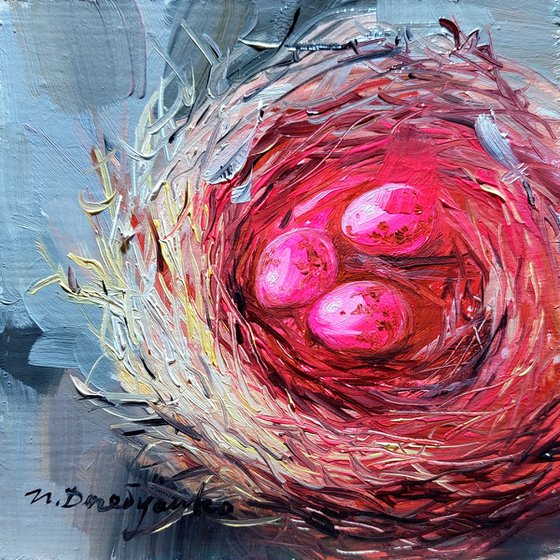 Bird nest painting original framed 4x4, Hot pink ruby eggs miniature oil painting small