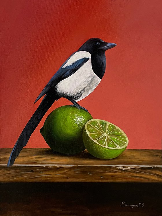 Still life with bird and lime (30x40cm, oil painting, ready to hang)