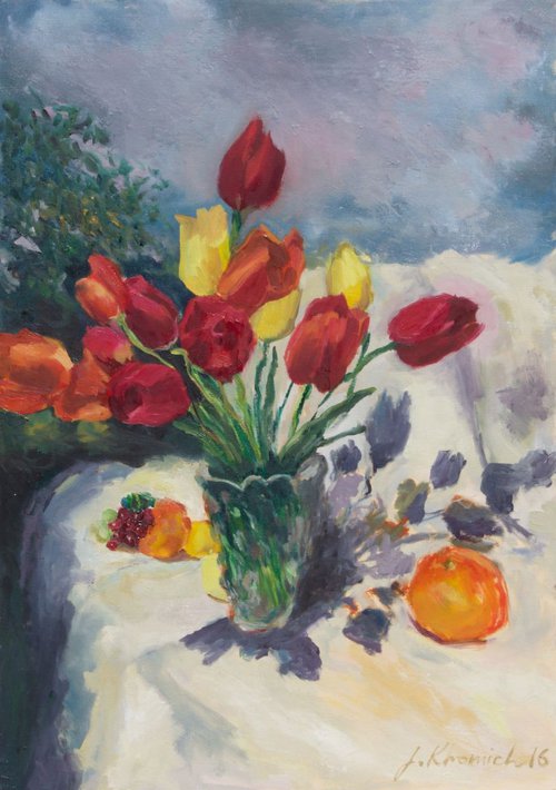 Still life spring flowers painting, oil painting, 28", Original tulips painting, Handmade art, top spring flower by Leo Khomich