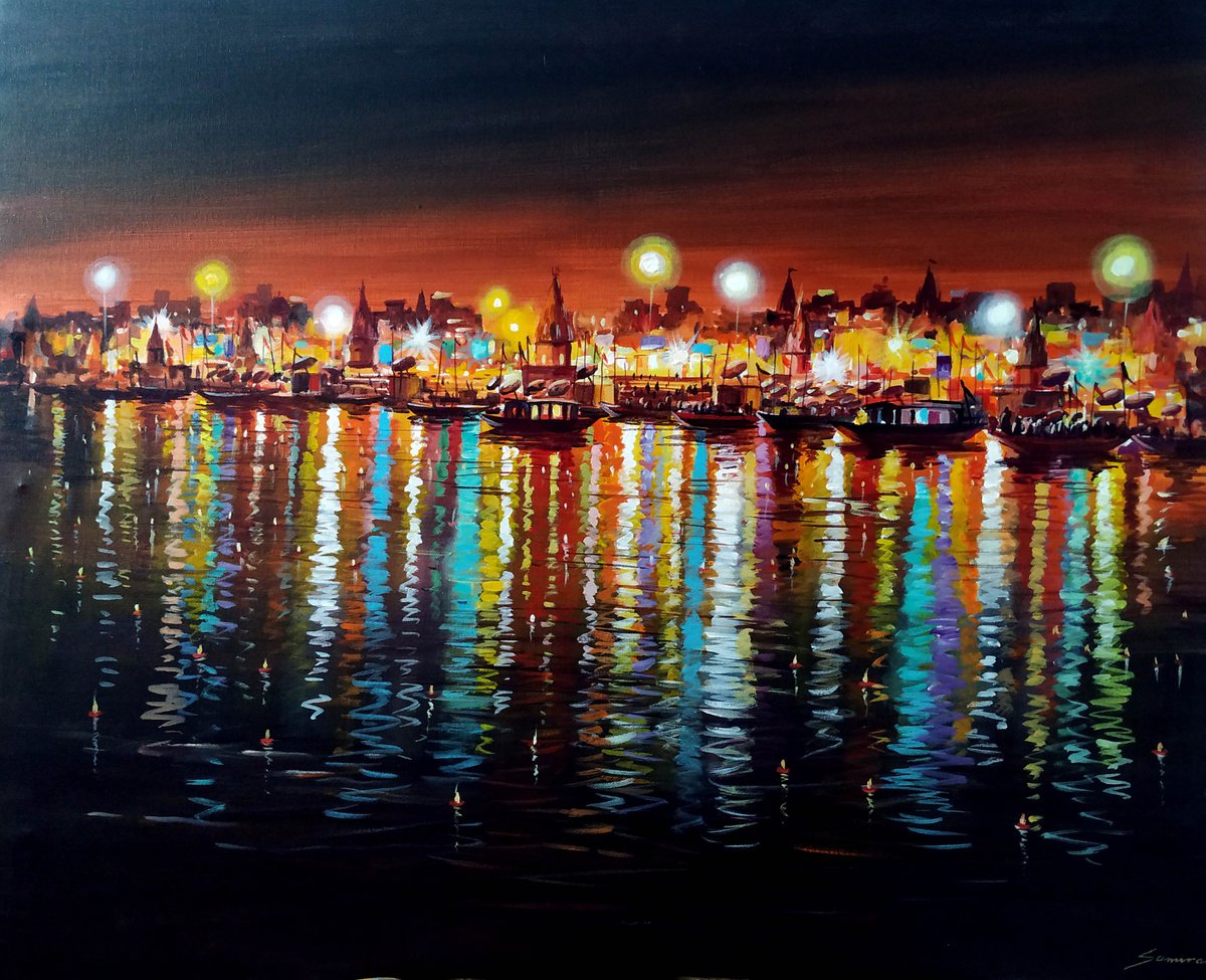 Impressionistic Cityscapes Acrylic Painting By Samiran Sarkar, 36 X 30", Night Festival Varanasi Ghats, Original Artwork