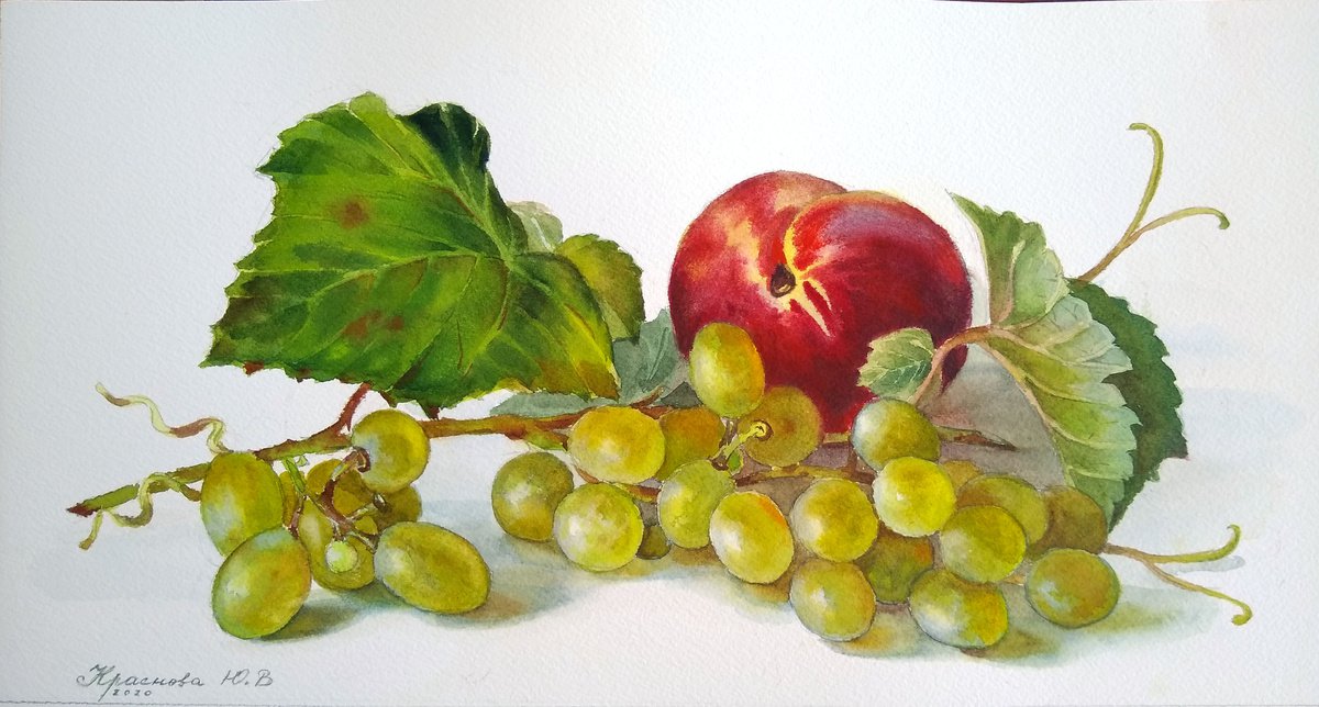 Photorealistic Still Life Watercolour By Yulia Krasnov, 15 X 8", Peach And Grapes, Original Artwork