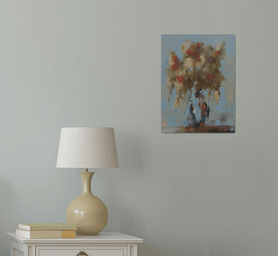 Modern still life painting. Abstract flowers in vase