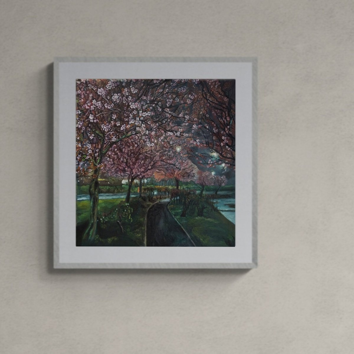 Landscape Oil Painting By Viktoria Deri, 15 X 14", Cherry Blossom Evening, Original Artwork