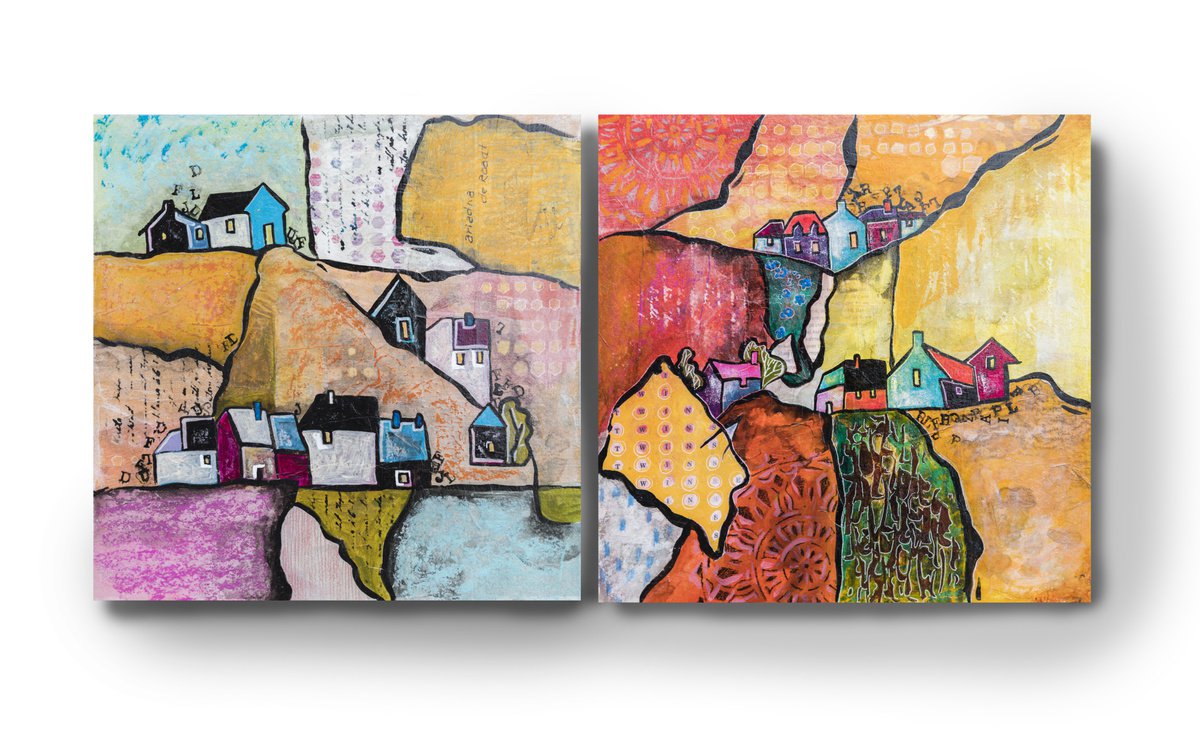 Illustrative Landscape Painting By Ariadna De Raadt, 24 X 12, Art Country Land, Original Artwork